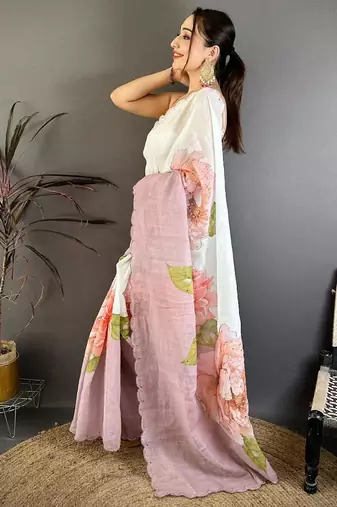 white color linen arco border with handwork saree