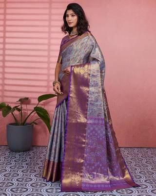 blue color kanchipuram silk blend zari weaving saree with blouse piece 3