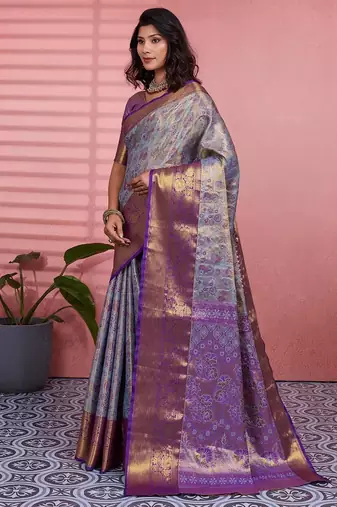 blue color kanchipuram silk blend zari weaving saree with blouse piece