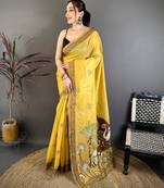 yellow color muga cotton blend woven motif saree with blouse