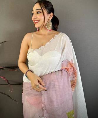 white color linen arco border with handwork saree 3