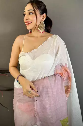 white color linen arco border with handwork saree