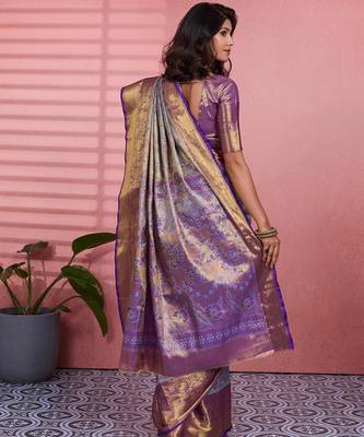 blue color kanchipuram silk blend zari weaving saree with blouse piece 4