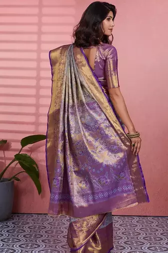 blue color kanchipuram silk blend zari weaving saree with blouse piece