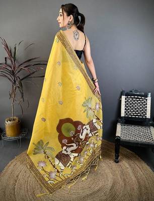 yellow color muga cotton blend woven motif saree with blouse 2