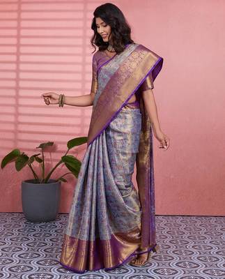 blue color kanchipuram silk blend zari weaving saree with blouse piece 5