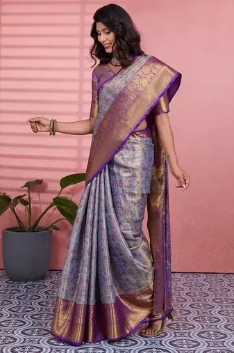 blue color kanchipuram silk blend zari weaving saree with blouse piece