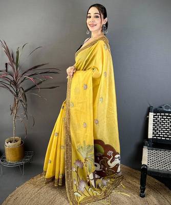yellow color muga cotton blend woven motif saree with blouse 3