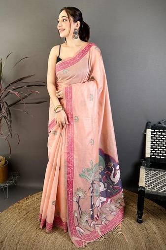 pink color muga cotton blend woven motif saree with blouse