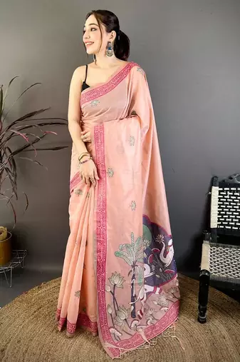 pink color muga cotton blend woven motif saree with blouse