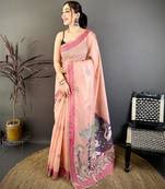 pink color muga cotton blend woven motif saree with blouse