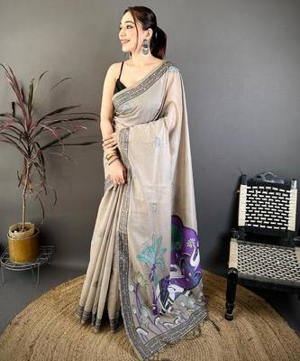 grey color muga cotton blend woven motif saree with blouse 1