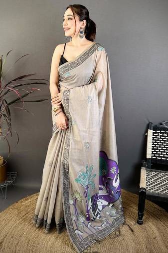 grey color muga cotton blend woven motif saree with blouse