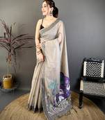 grey color muga cotton blend woven motif saree with blouse