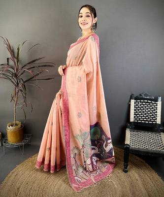 pink color muga cotton blend woven motif saree with blouse 3