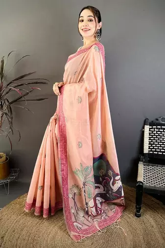 pink color muga cotton blend woven motif saree with blouse