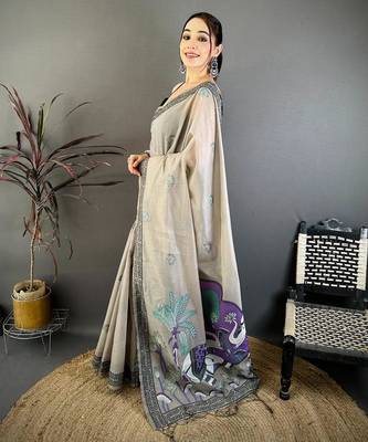 grey color muga cotton blend woven motif saree with blouse 2
