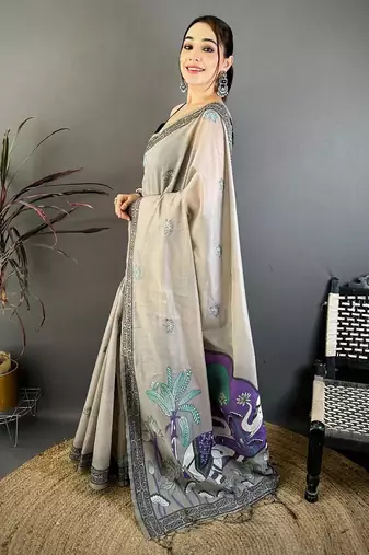 grey color muga cotton blend woven motif saree with blouse