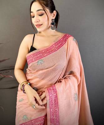 pink color muga cotton blend woven motif saree with blouse 4