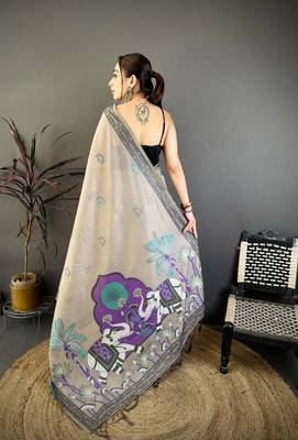 grey color muga cotton blend woven motif saree with blouse 3