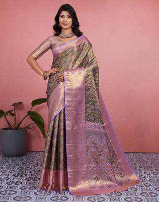 mehendi color kanchipuram silk blend zari weaving saree with blouse piece 1