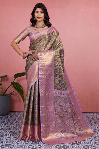 mehendi color kanchipuram silk blend zari weaving saree with blouse piece