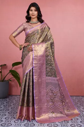 mehendi color kanchipuram silk blend zari weaving saree with blouse piece