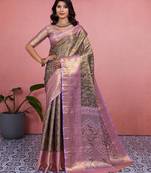 mehendi color kanchipuram silk blend zari weaving saree with blouse piece