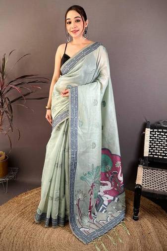 sky blue color muga cotton blend woven motif saree with blouse