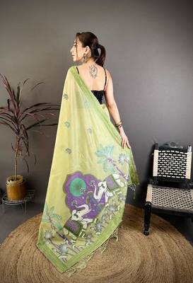 green color muga cotton blend woven motif saree with blouse 2