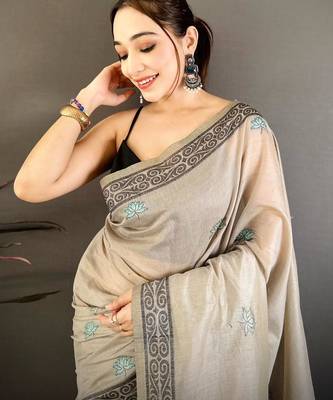 grey color muga cotton blend woven motif saree with blouse 4
