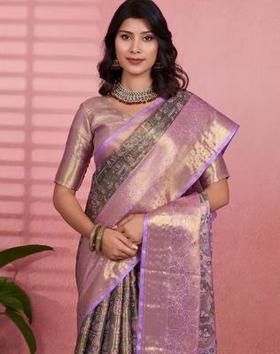 mehendi color kanchipuram silk blend zari weaving saree with blouse piece 2