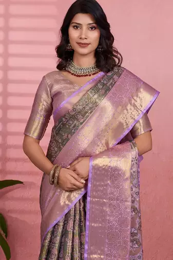 mehendi color kanchipuram silk blend zari weaving saree with blouse piece