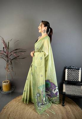 green color muga cotton blend woven motif saree with blouse 3