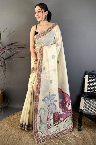 cream color muga cotton blend woven motif saree with blouse