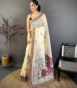 cream color muga cotton blend woven motif saree with blouse