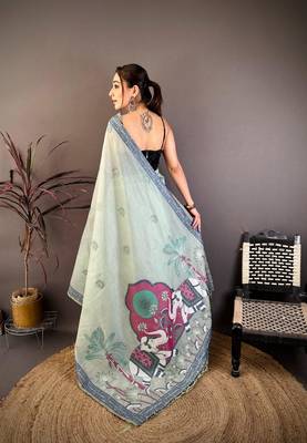 sky blue color muga cotton blend woven motif saree with blouse 2