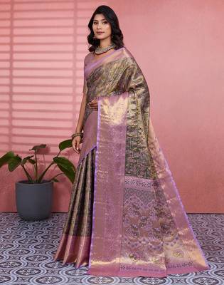 mehendi color kanchipuram silk blend zari weaving saree with blouse piece 3