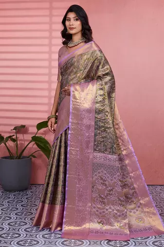 mehendi color kanchipuram silk blend zari weaving saree with blouse piece
