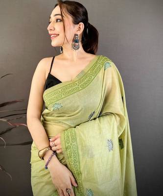 green color muga cotton blend woven motif saree with blouse 4