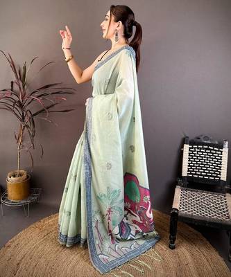 sky blue color muga cotton blend woven motif saree with blouse 3