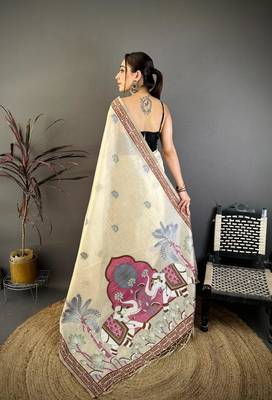cream color muga cotton blend woven motif saree with blouse 2