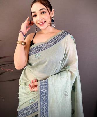 sky blue color muga cotton blend woven motif saree with blouse 4