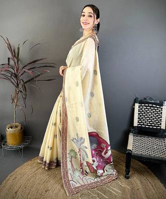 cream color muga cotton blend woven motif saree with blouse 3