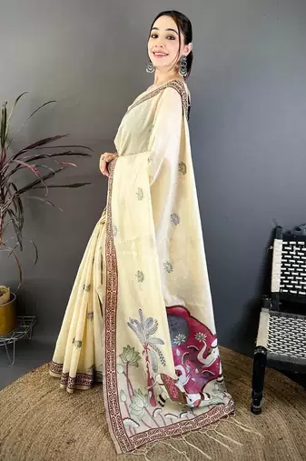 cream color muga cotton blend woven motif saree with blouse