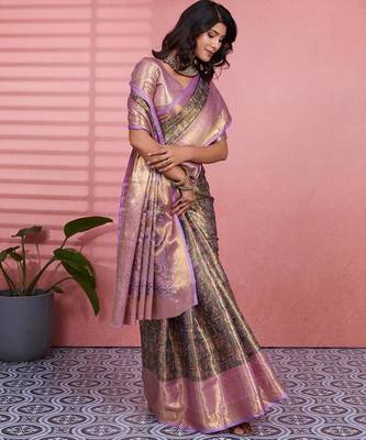 mehendi color kanchipuram silk blend zari weaving saree with blouse piece 5