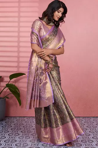mehendi color kanchipuram silk blend zari weaving saree with blouse piece