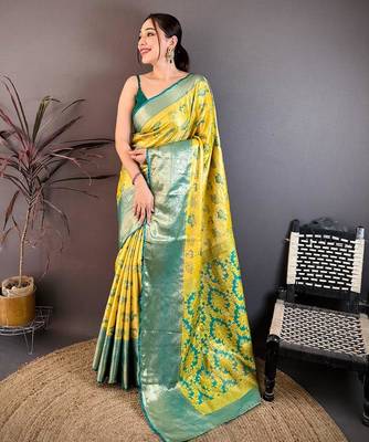 yellow color kanjivaram silk blend zari woven saree with blouse 1