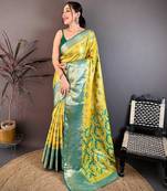 yellow color kanjivaram silk blend zari woven saree with blouse