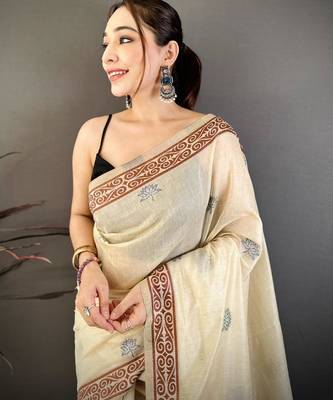 cream color muga cotton blend woven motif saree with blouse 4